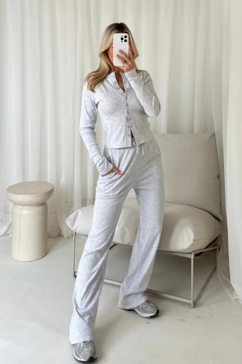 Molly Mae inspired Long Sleeves Ribbed Button Trouser Set