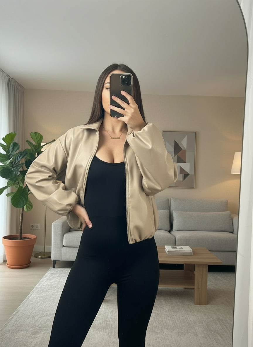 PU Bomber Jacket with Collar