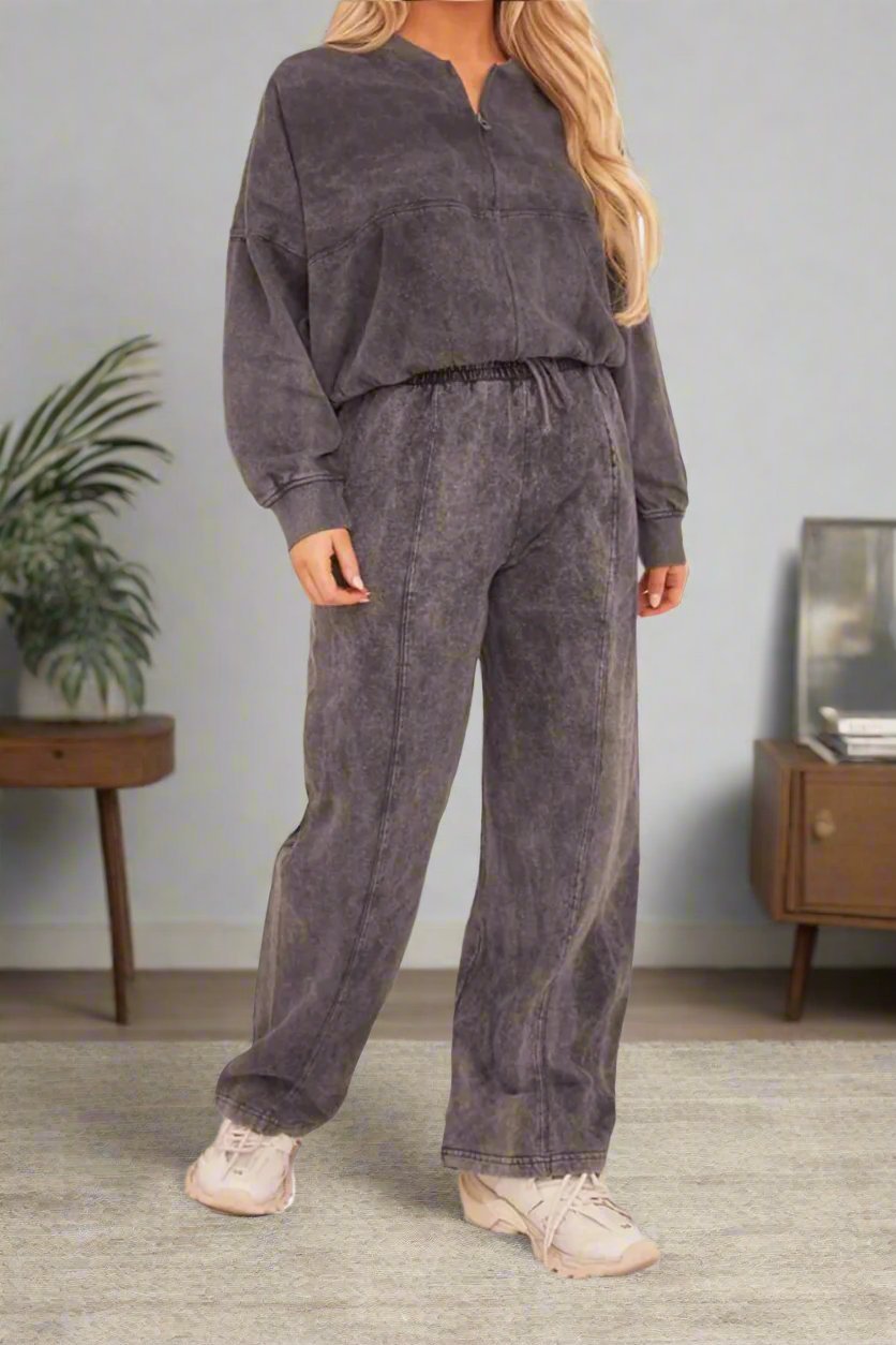 Acid Wash Effect Fleece Zip Front Bomber Sweatshirt & Joggers Loungewear Co-Ord Set