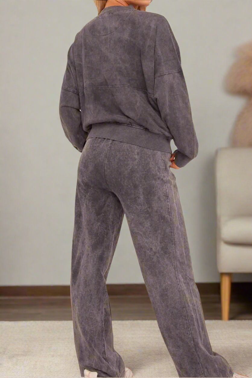 Acid Wash Effect Fleece Zip Front Bomber Sweatshirt & Joggers Loungewear Co-Ord Set