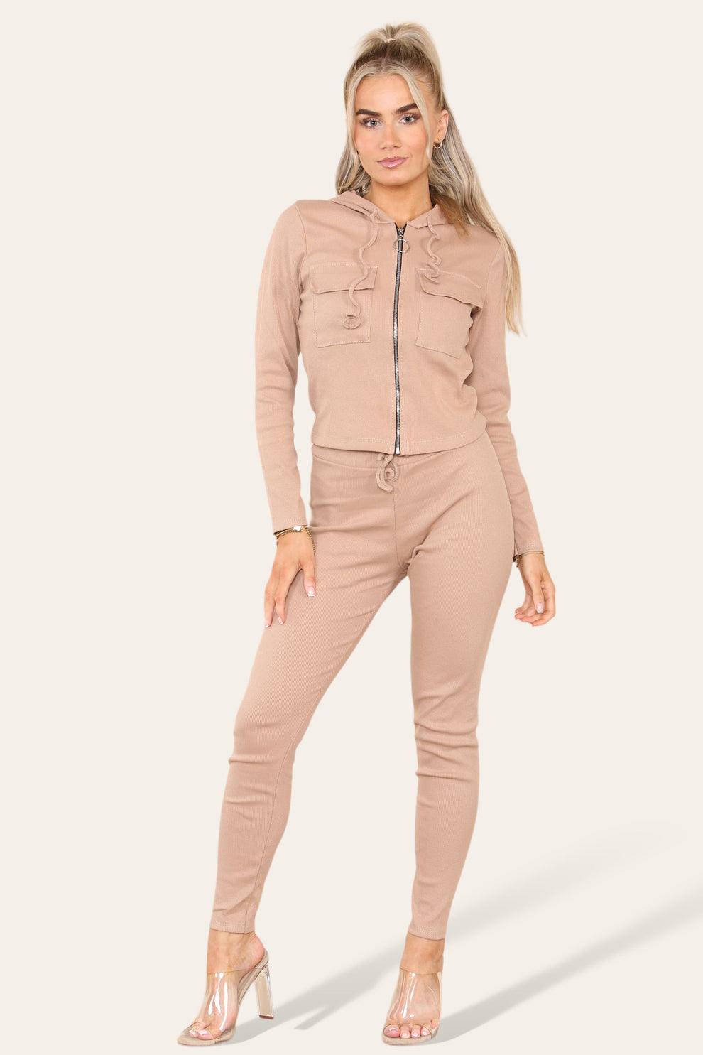 Front Pocket Zip Suit Ribbed Hooded Lounge Wear Set