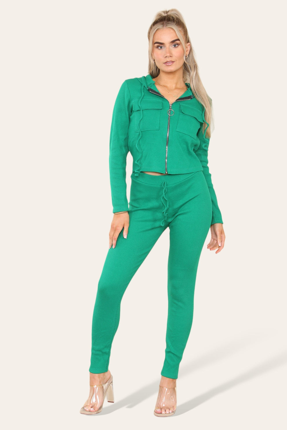 Front Pocket Zip Suit Ribbed Hooded Lounge Wear Set