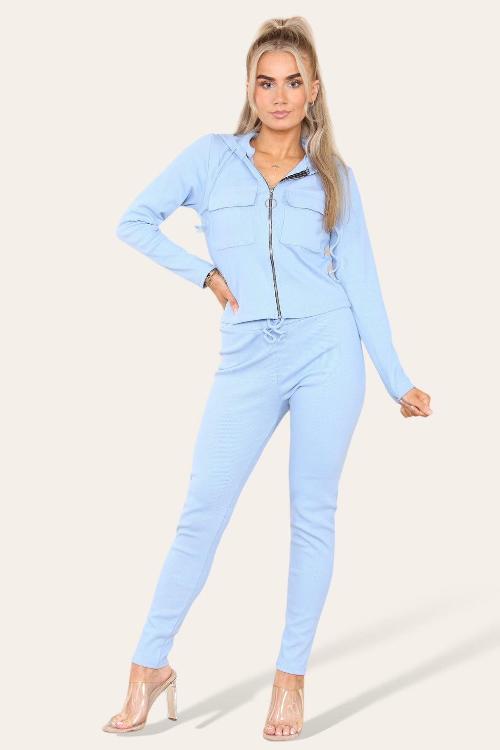Front Pocket Zip Suit Ribbed Hooded Lounge Wear Set