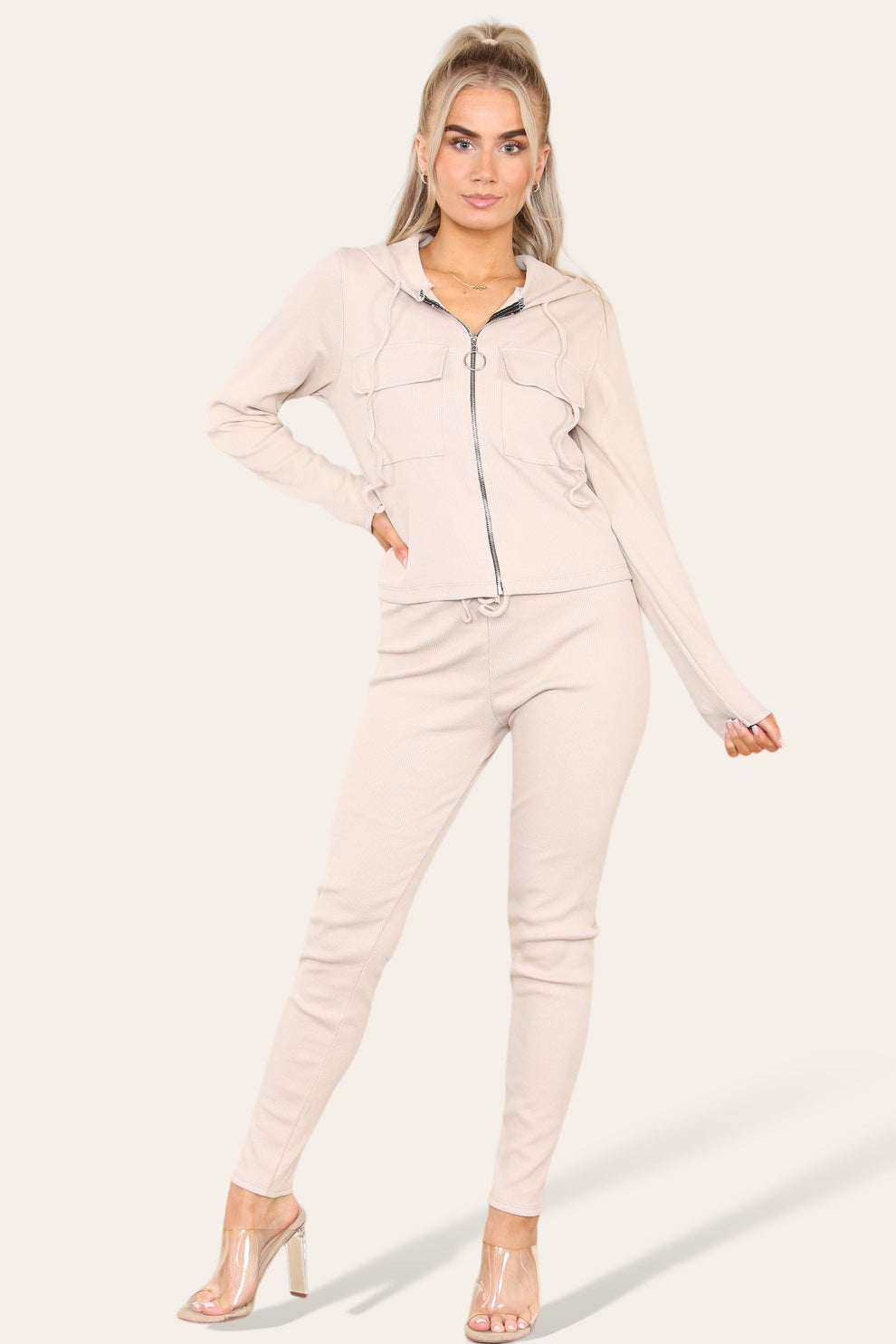 Front Pocket Zip Suit Ribbed Hooded Lounge Wear Set