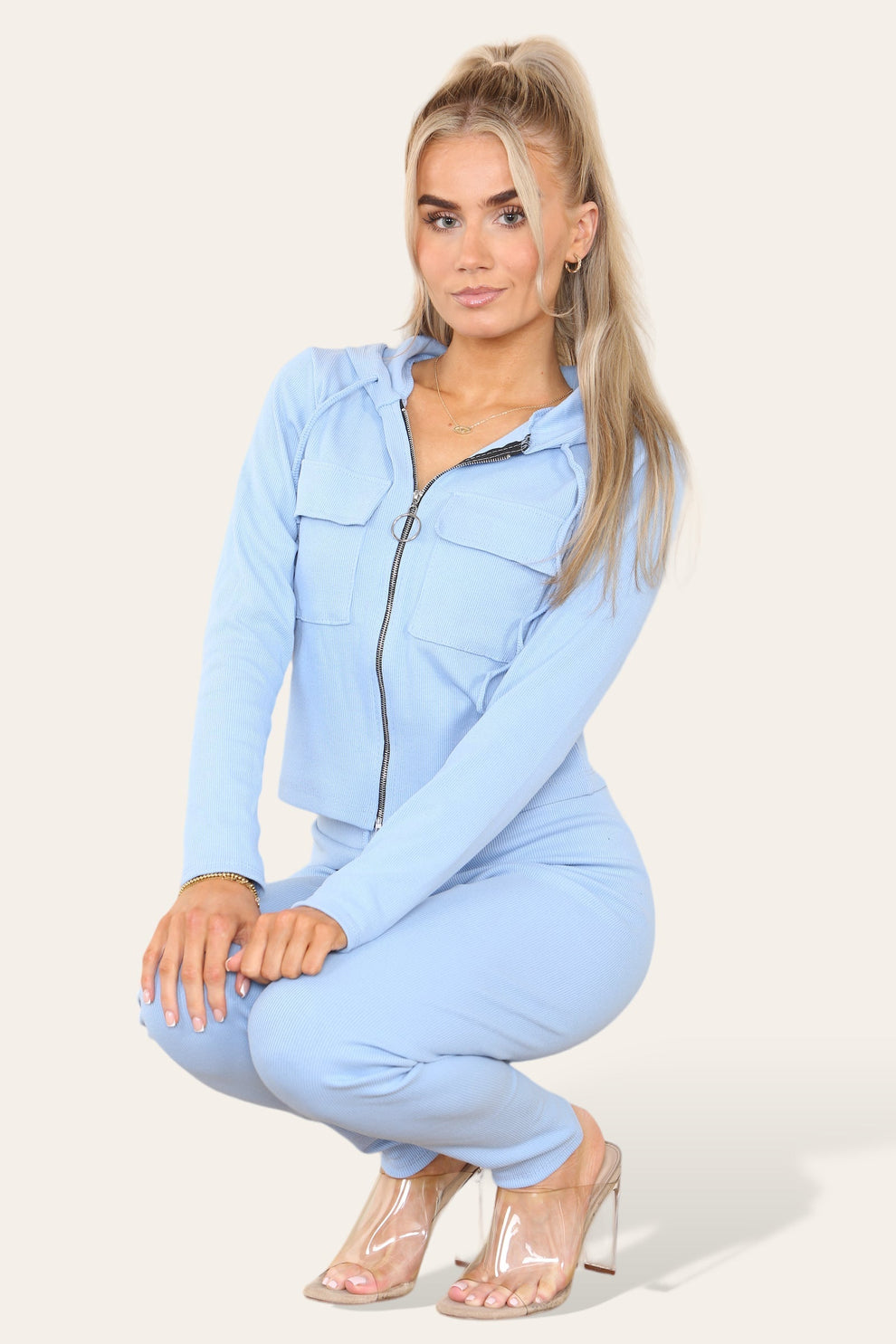 Front Pocket Zip Suit Ribbed Hooded Lounge Wear Set