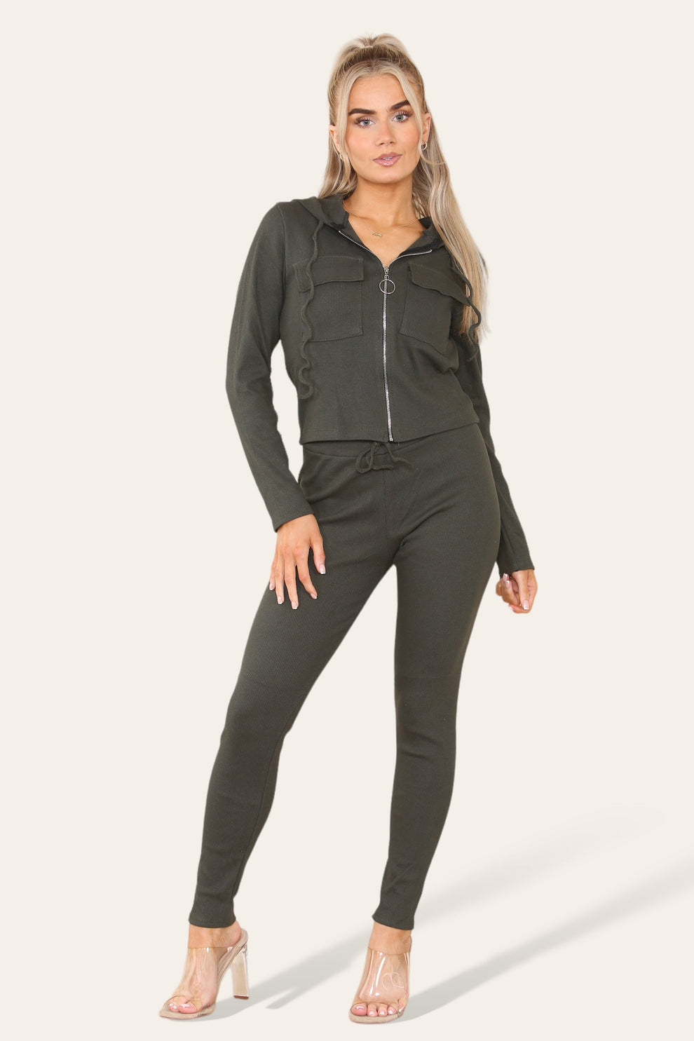 Front Pocket Zip Suit Ribbed Hooded Lounge Wear Set