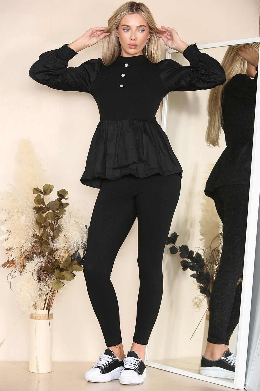 Long Ruched Sleeves Ribbed Peplum Diamond Buttons Frilled Hem Lounge Wear Co-Ord Set
