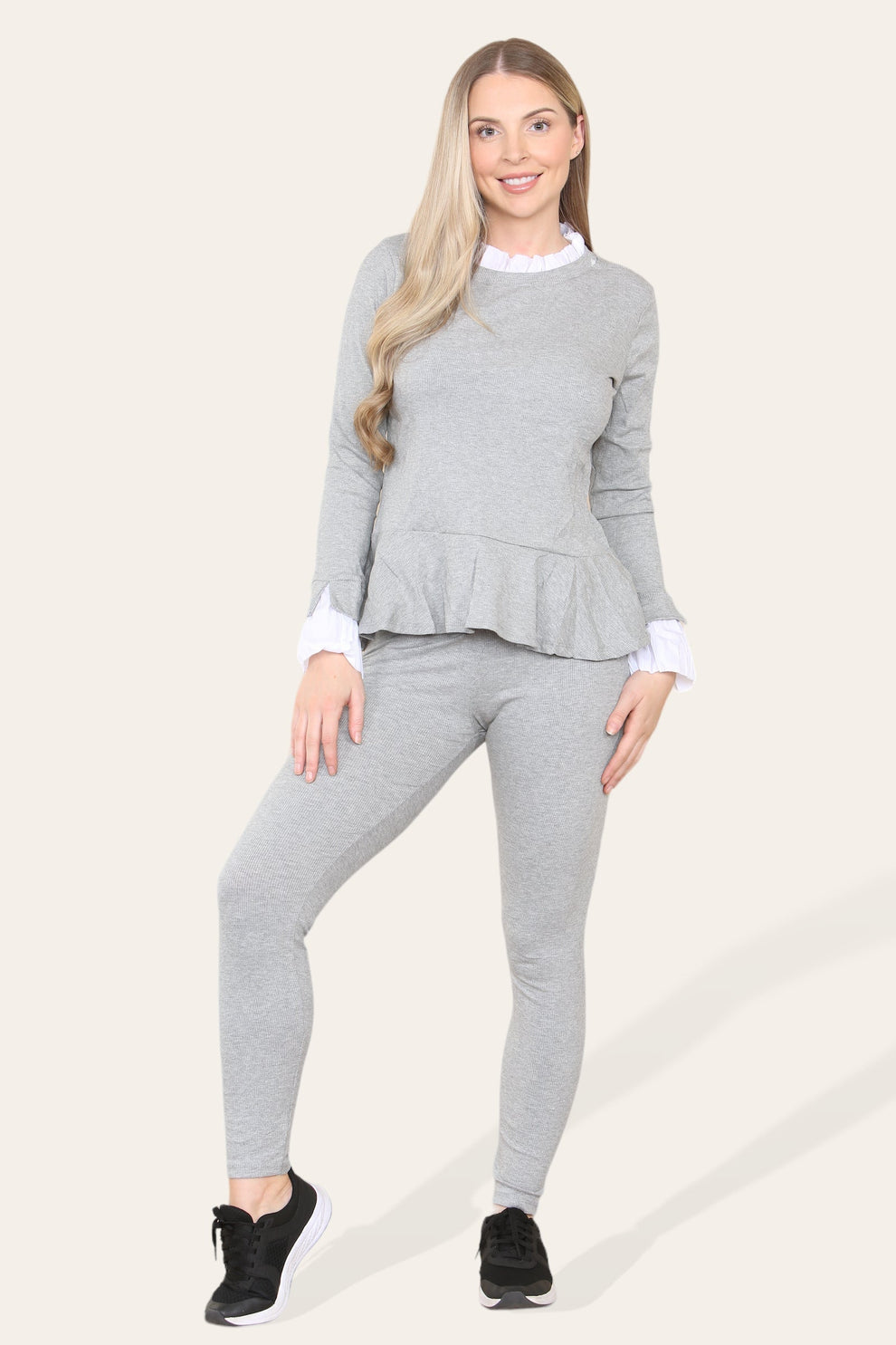 Peplum Frill Neck Suit Pleated Lounge Wear Set