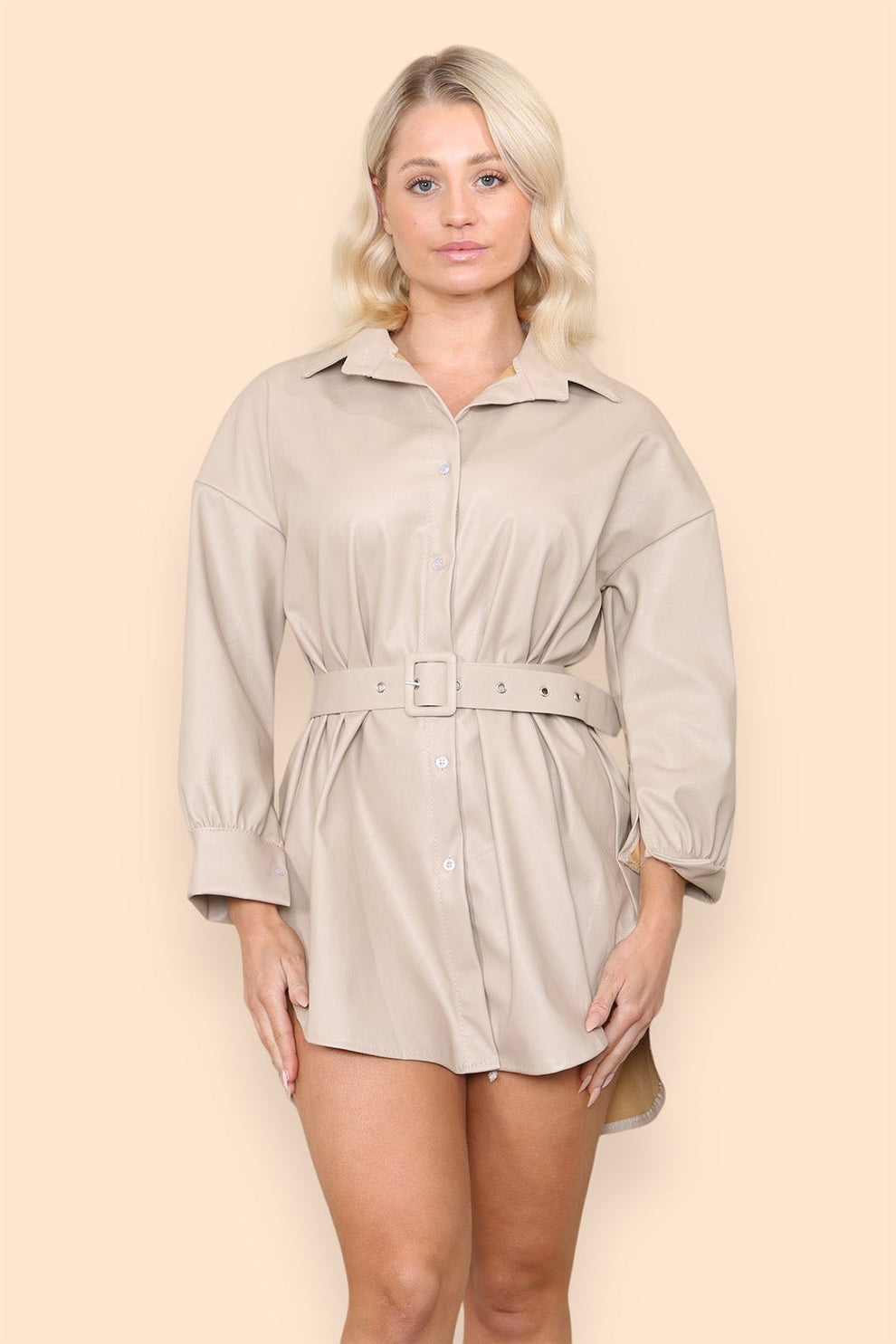 PU Faux Leather Belted Wet Look Shirt Dress