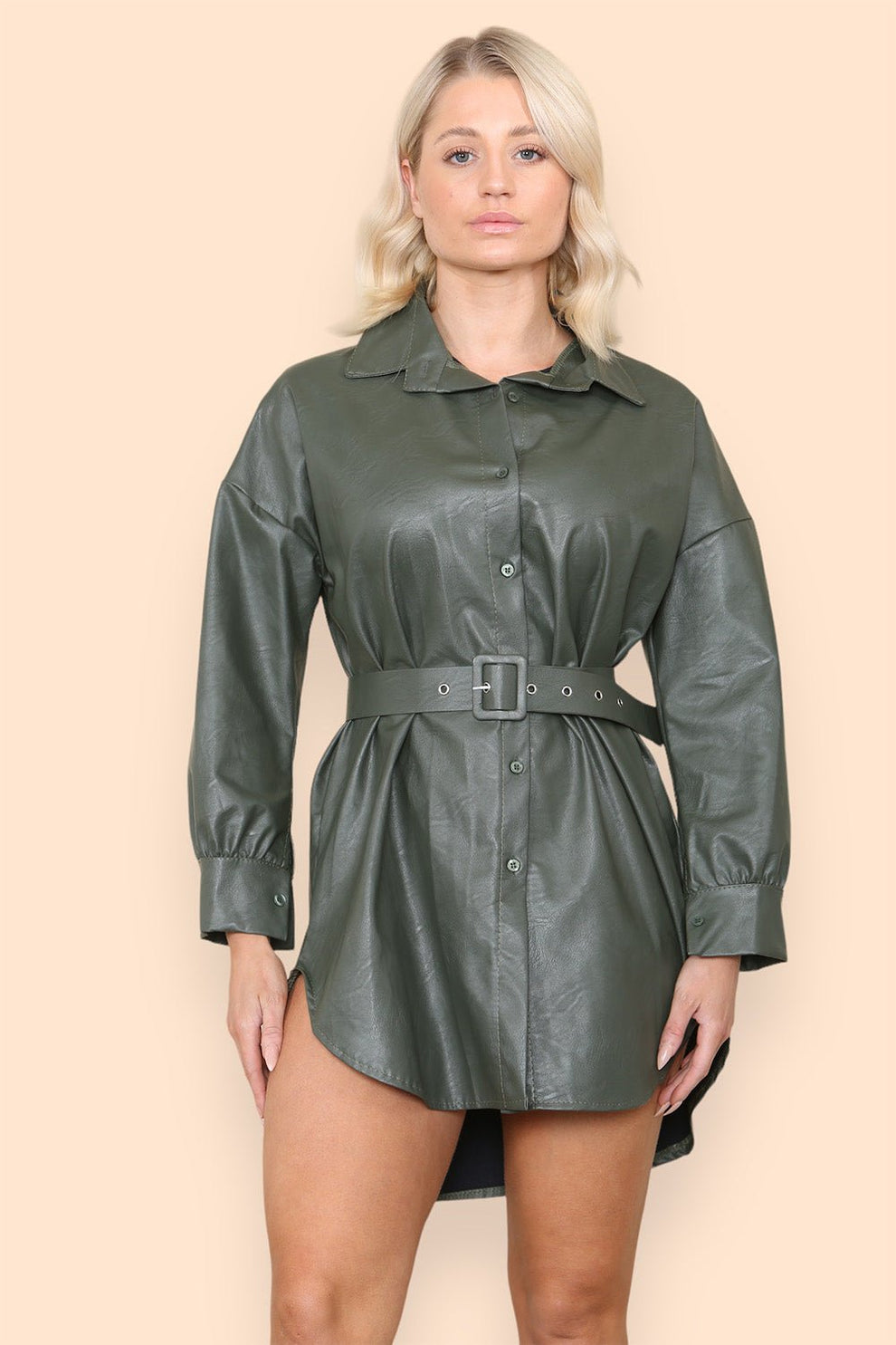 PU Faux Leather Belted Wet Look Shirt Dress