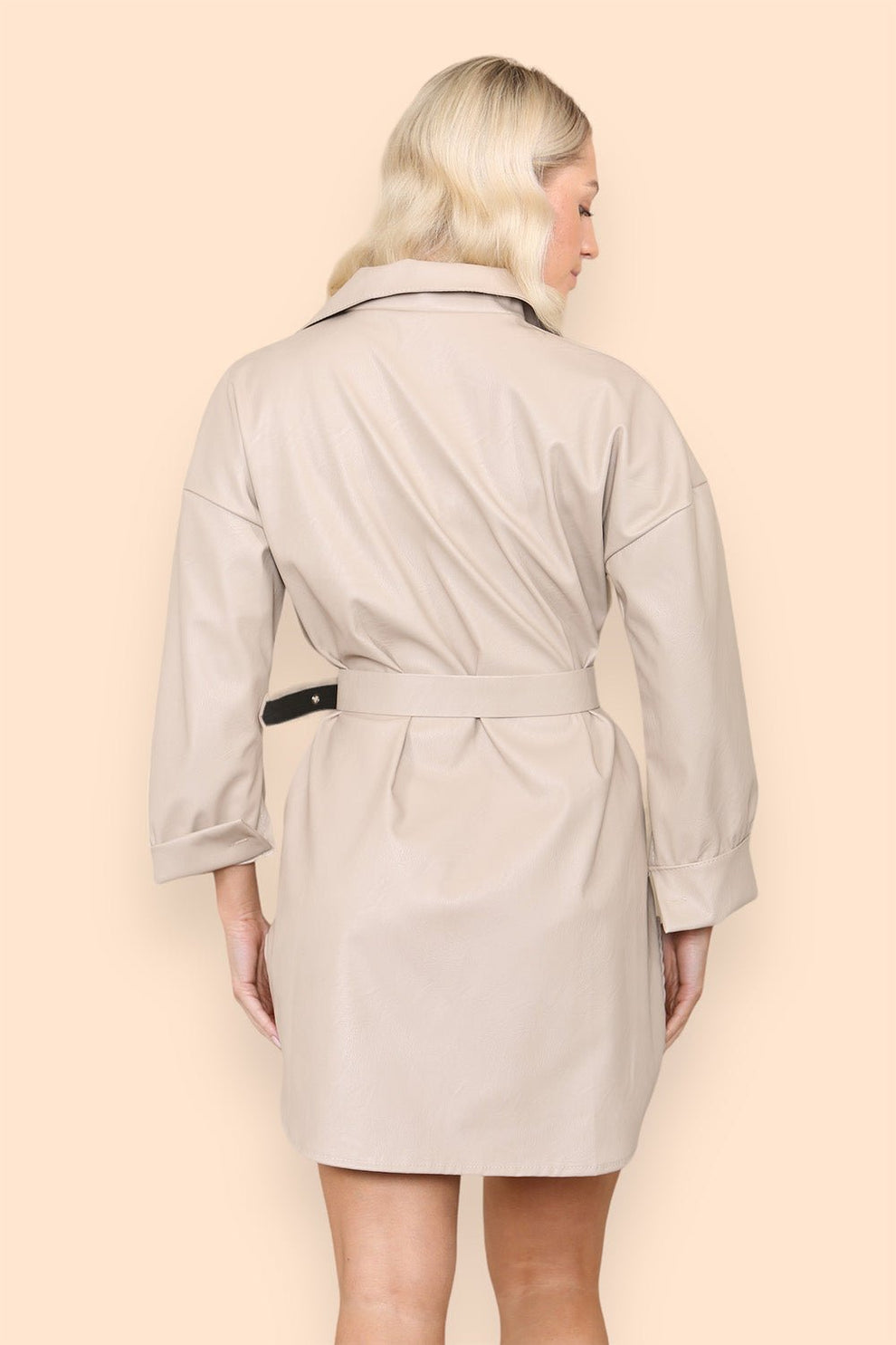 PU Faux Leather Belted Wet Look Shirt Dress