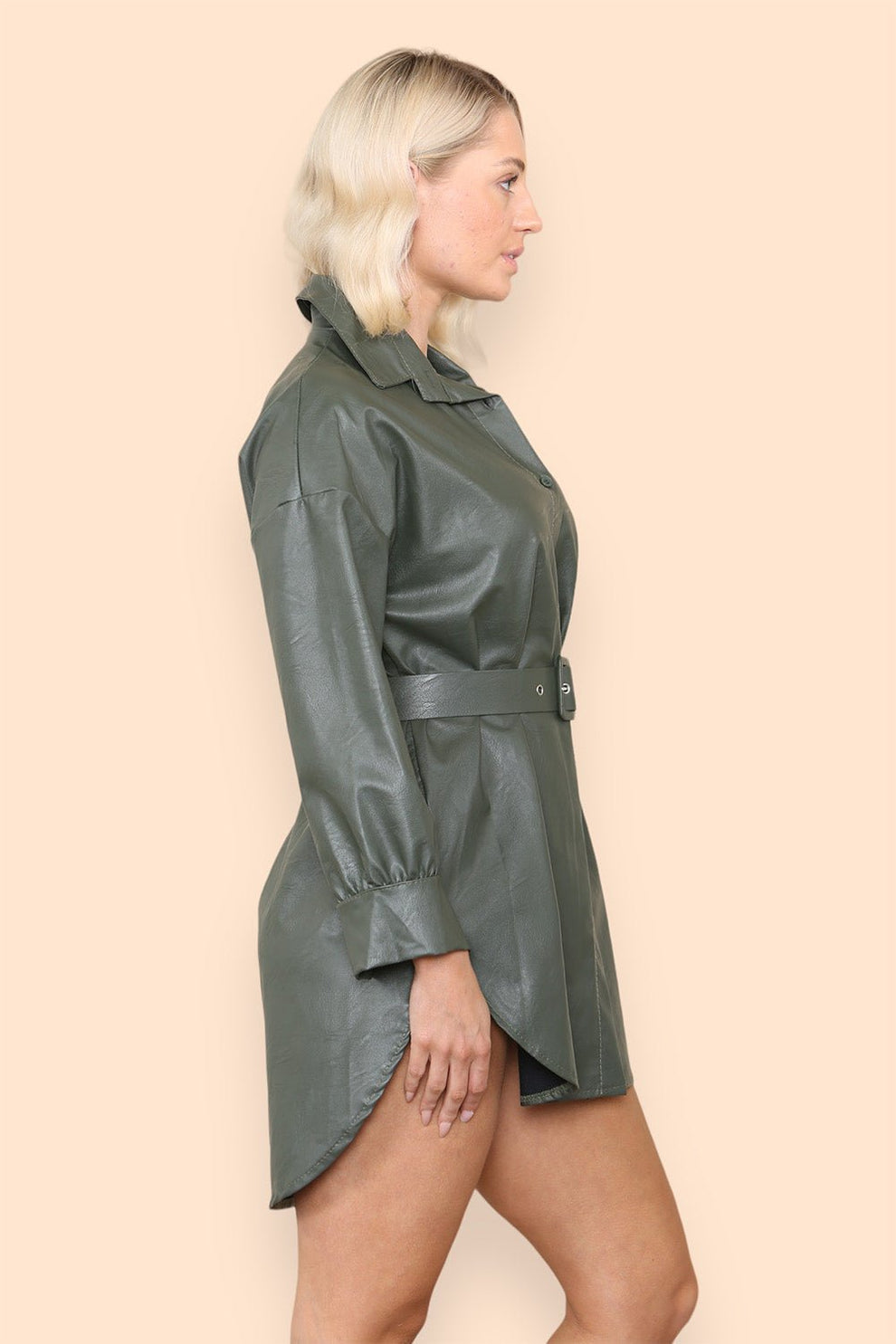 PU Faux Leather Belted Wet Look Shirt Dress