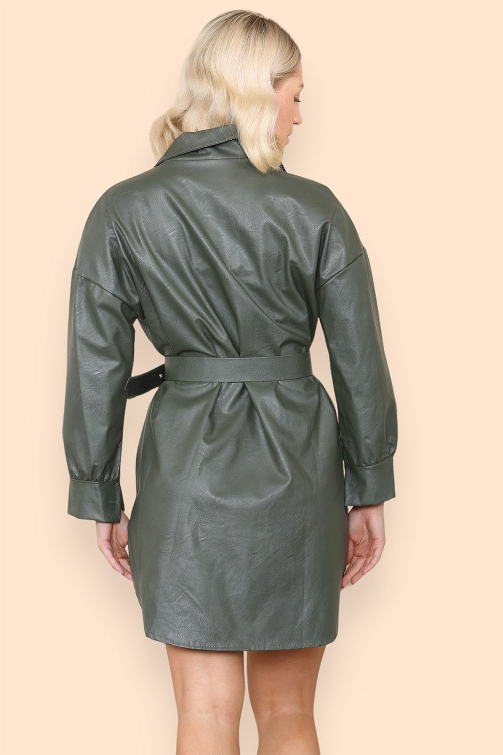 PU Faux Leather Belted Wet Look Shirt Dress