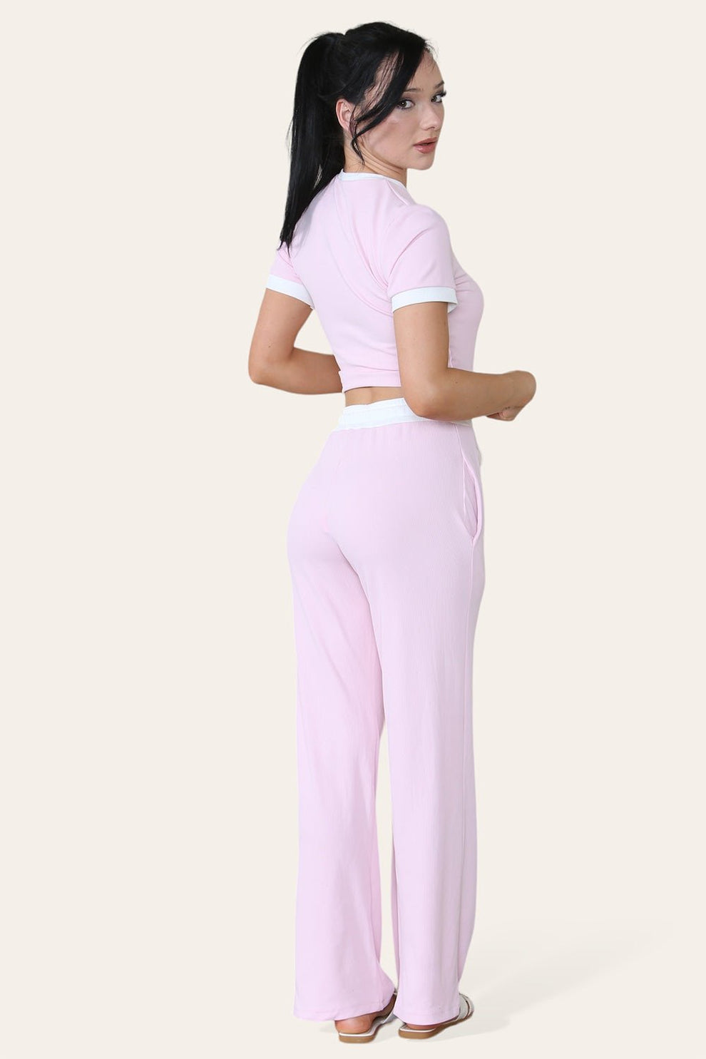 Ribbed Contrast Wide Leg Flared Trousers And Top Loungewear TRS Cropped Set