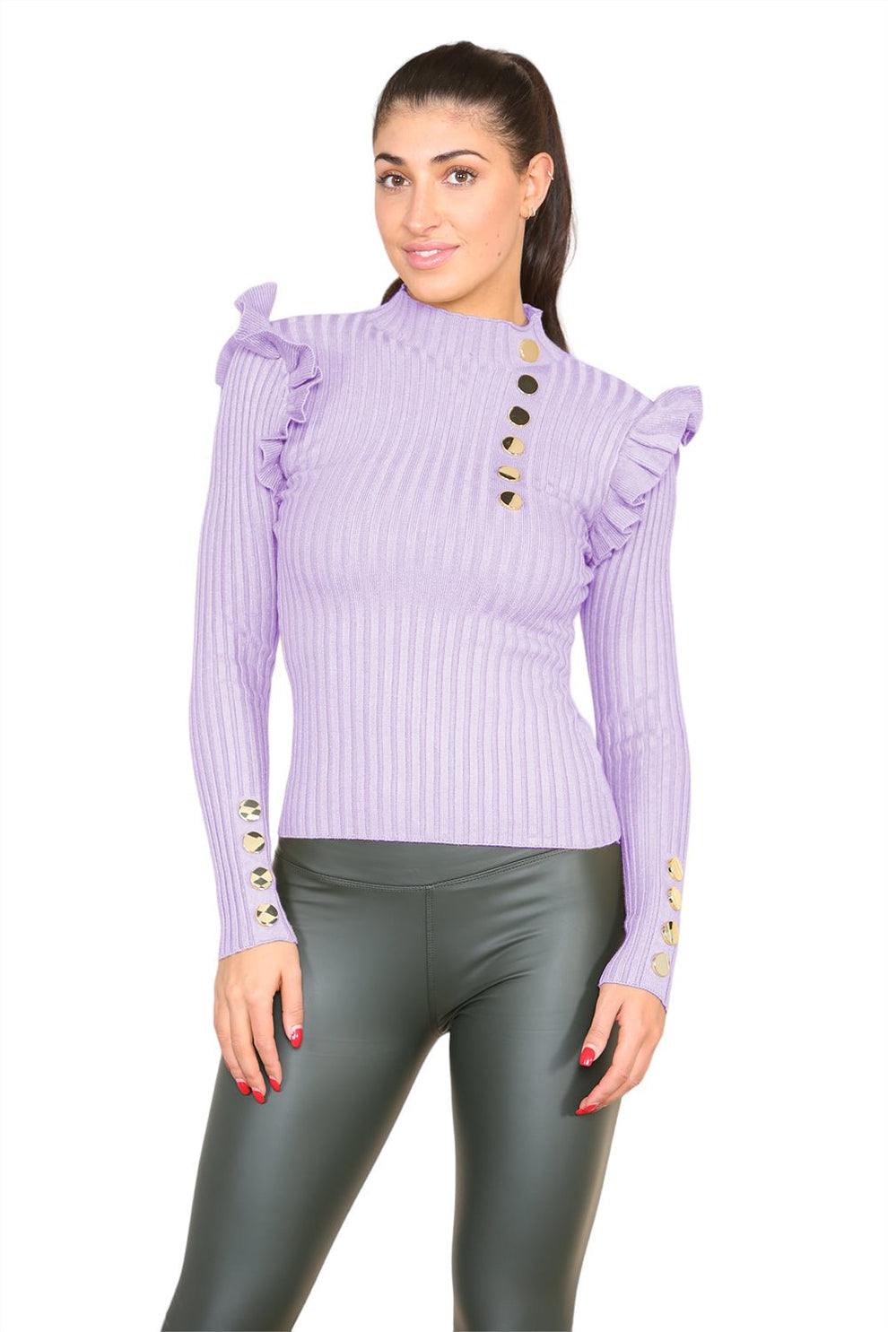 Ribbed Knit Gold Button Detail Jumper with Frill