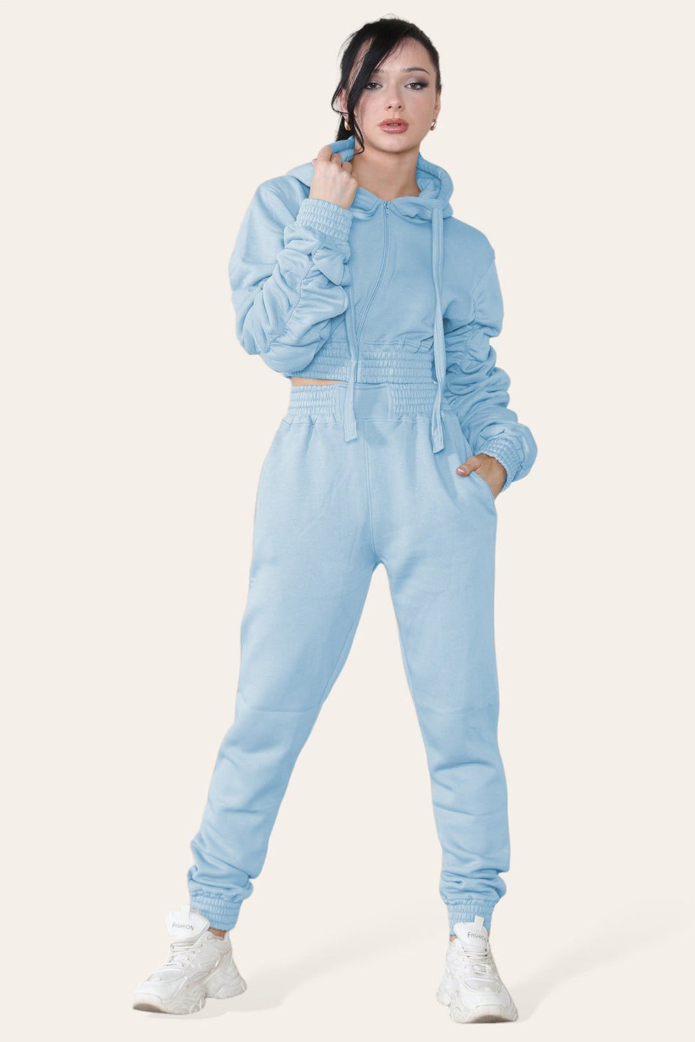 Ruched Sleeves Cropped Hoodie and Cropped Jogger Cuffed Bottom Loungewear Tracksuit Set
