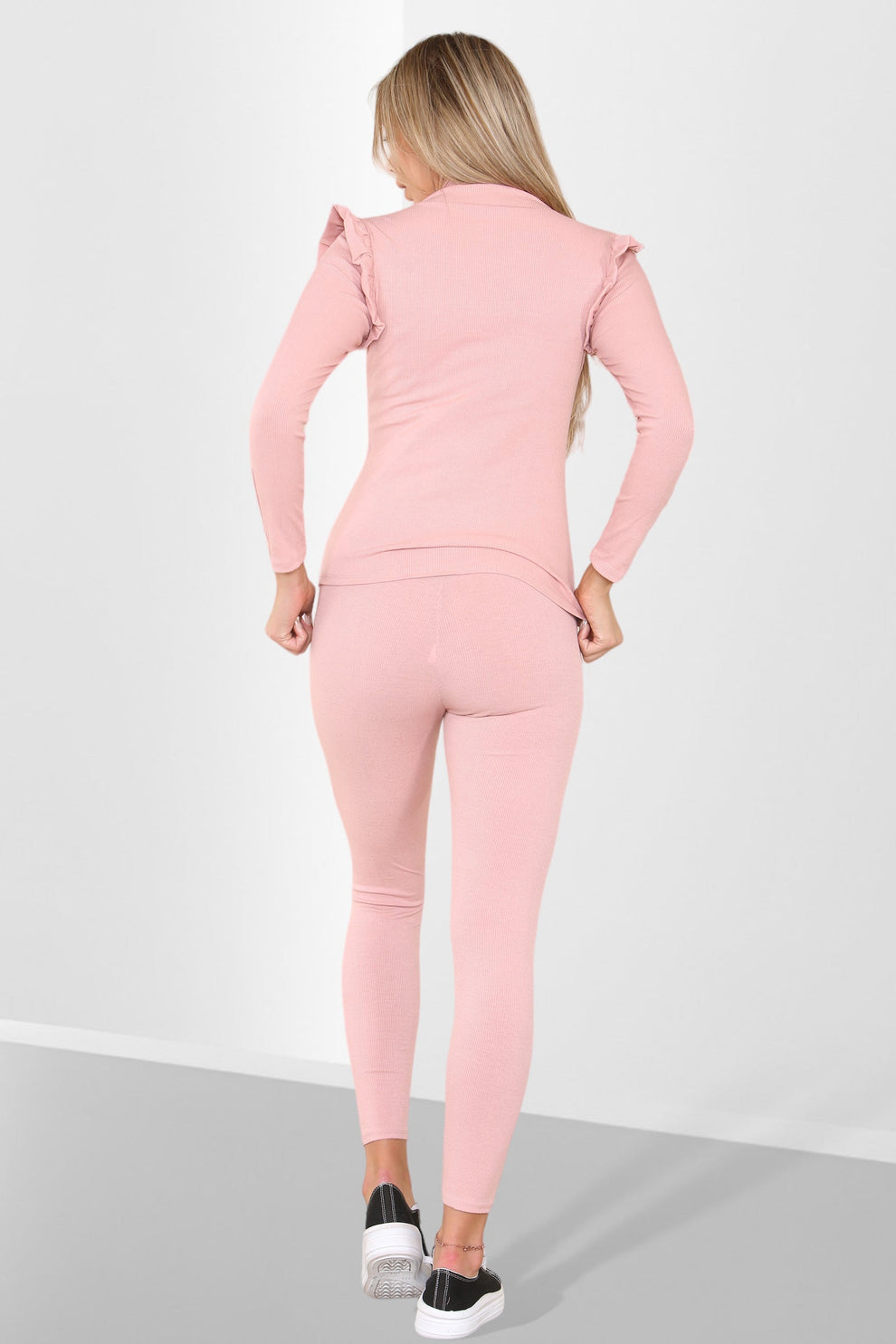 Side Buttons Frill Shoulder Side Neck Gold Button Detail Two Piece Loungewear Set