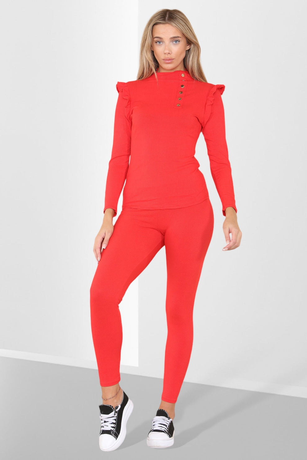 Side Buttons Frill Shoulder Side Neck Gold Button Detail Two Piece Loungewear Set